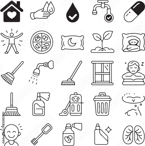 A collection of twenty four simple line art icons for household items vector