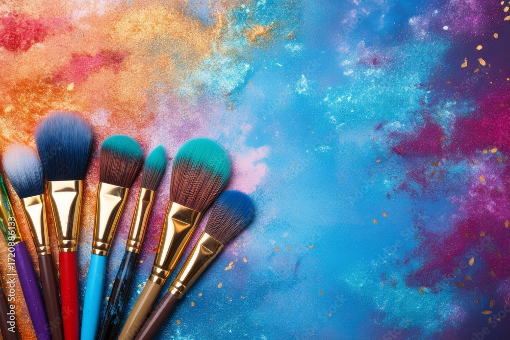 Fototapeta premium Set of colorful makeup brushes lying on an abstract colorful background with copy space