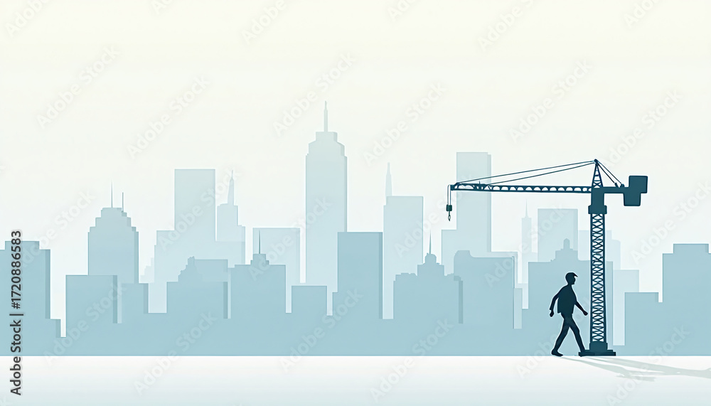 Fototapeta premium Silhouette of Person and Crane Against City Skyline