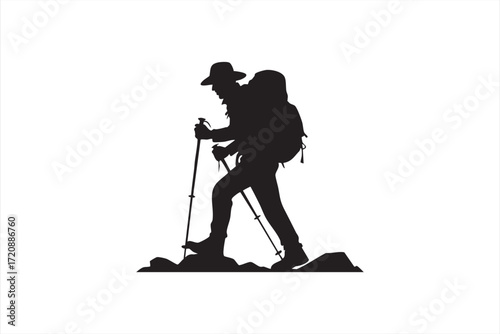 Backpacker silhouette with trekking poles for exploration and travel graphics