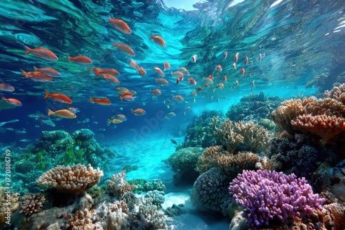 Wallpaper Mural Vibrant Coral Reef with School of Fish Underwater Torontodigital.ca