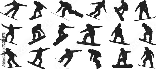 Silhouettes of snowboarders performing tricks and jumps, snowboarding action, winter sports, extreme snowboarding, snow slope, snowboard sport, winter adventure.