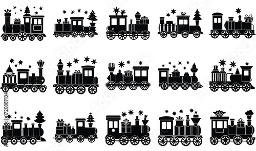 Collection of Black Silhouette Christmas Trains with Stars and Gifts Vector Illustrations holiday