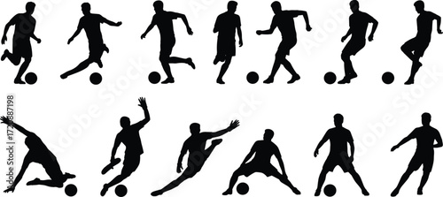 Silhouettes of soccer players in dynamic action poses, kicking ball, running, tackling, dribbling, football match movement, isolated on white background