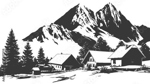 Village in the mountains, black and white vector drawing
