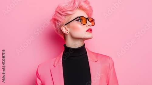 A stylish individual with pink hair and sunglasses poses against a vibrant pink background.