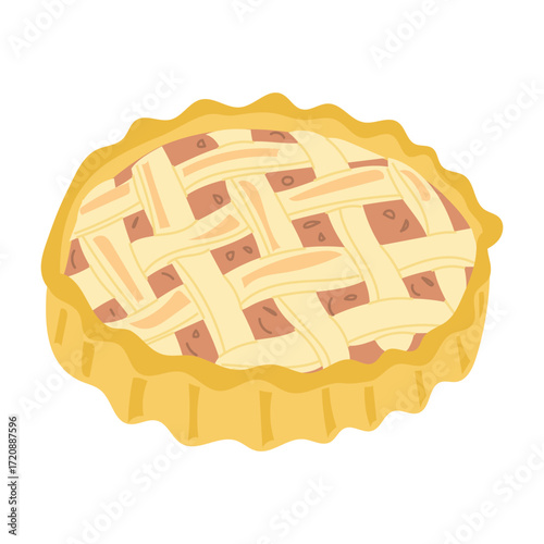 Classic apple pie with lattice crust in soft hand drawn vector style. Concept of homemade dessert, traditional baking, and sweet comfort food
