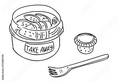 Takeaway food container with croissant, sauce cup, and plastic fork in hand drawn style. Concept of food delivery, convenience meal, and modern eating on the go
