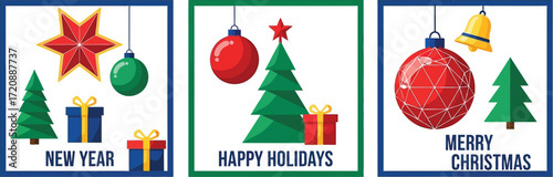 Festive holiday decorations with Christmas trees and gifts for New Year, Happy Holidays, and Merry Christmas greetings