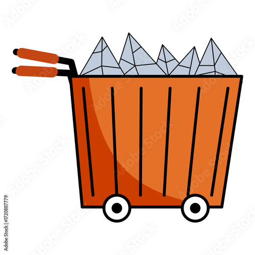 A cart filled with jagged stones, suitable for construction, mining, or geology projects.