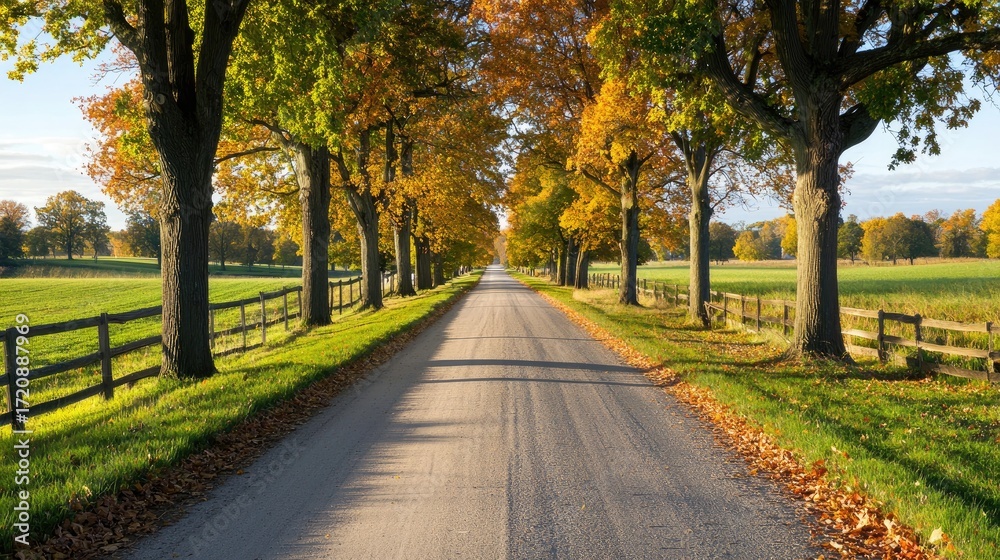 Fototapeta premium Scenic Autumn Pathway Surrounded by Colorful Trees in a Peaceful Rural Landscape