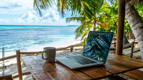 A serene beach scene featuring a laptop and a coffee cup on a wooden table, surrounded by palm trees and a turquoise ocean in the background.