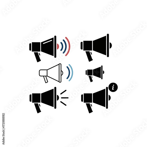 A collection of six stylized megaphone icons representing sound, information, and communication, with varying designs and visual cues.