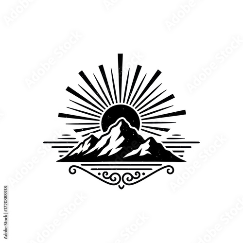 Monochrome mountain range with sunburst and decorative flourish.