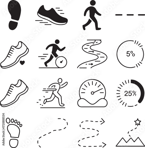Twenty four line art icons of daily steps and health tracking step tracker fitness icon