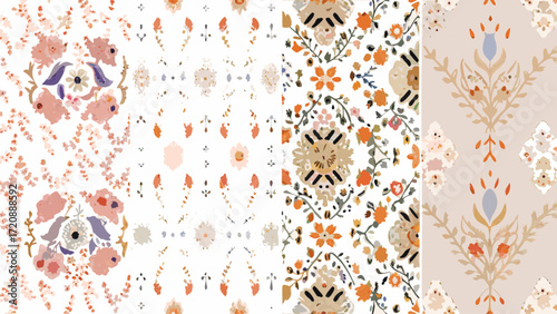Delicate floral pattern variations create a vintage aesthetic with a modern twist, perfect for textile designs or elegant wallpaper projects