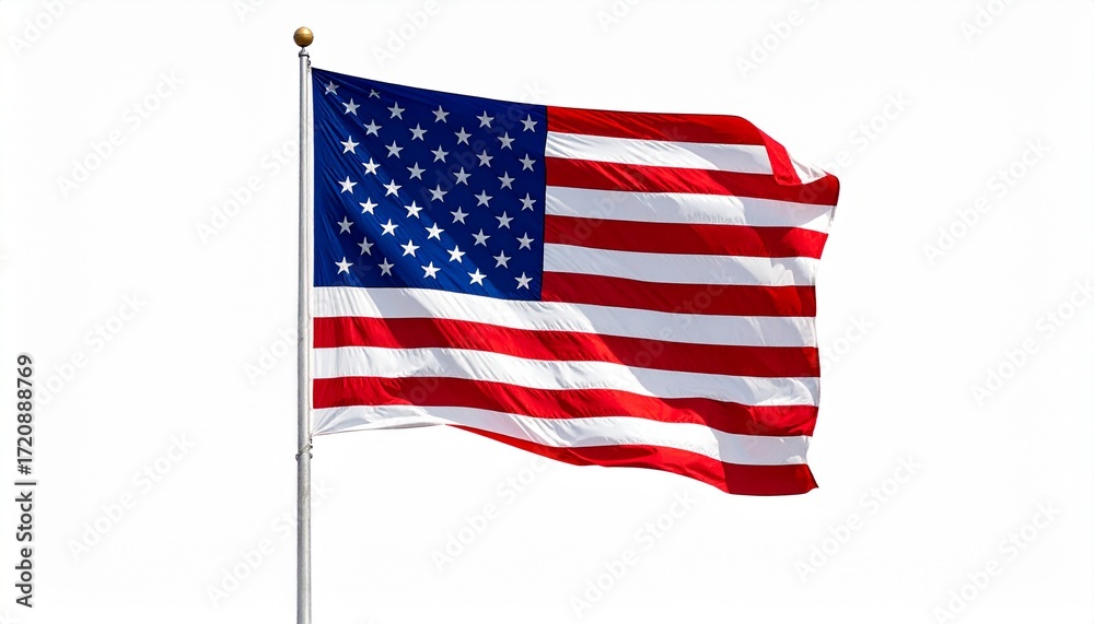 Fototapeta premium Waving U.S. flag on silver pole with gold finial against light gray background—symbolizing national pride, freedom, and unity.