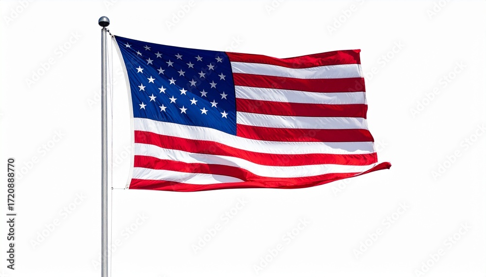 Obraz premium Waving U.S. flag on silver pole with gold finial against light gray background—symbolizing national pride, freedom, and unity.