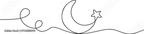 Minimalist Continuous Line Drawing of Crescent Moon and Star