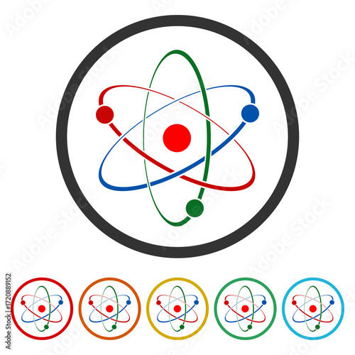 Atom color icon. Set icons in color circle buttons