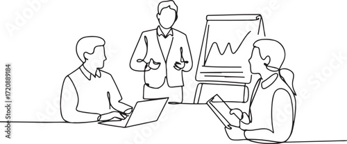 Minimalist Continuous Line Drawing of Business Meeting Presentation with Laptop and Flip Chart