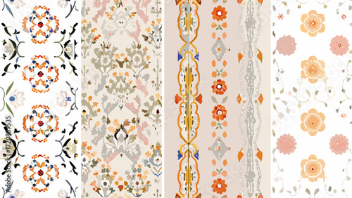 Elegant floral patterns create a vibrant mosaic, ideal for textile design and warm, inviting decor, a stunning blend of traditional and modern styles