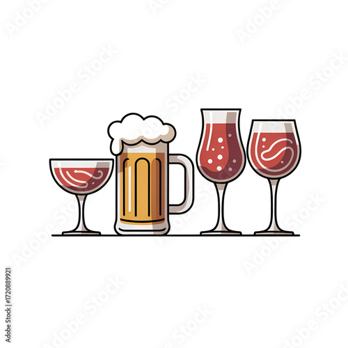 Four different types of alcoholic beverages in glasses including beer and wine isolated on transparent background
