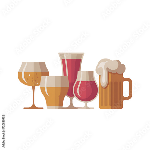 Collection of assorted beer glasses and mugs filled with different beverages isolated on transparent background