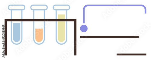 Three test tubes filled with blue, orange, and yellow liquids on a stand alongside a branching line connection. Ideal for science, research, education, chemistry, innovation, experimentation