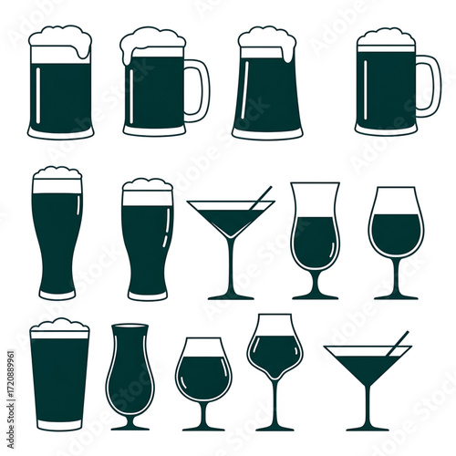 Collection of various alcoholic and non alcoholic drink glasses and beer mugs with foam isolated on transparent background