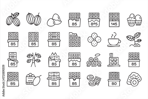 Vector illustration of cacao beans, candy bars, and hot chocolate drink set