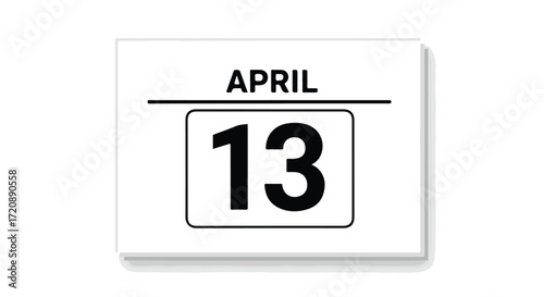 Simple isolated April 13th calendar illustration, indicating a specific date or event, promoting scheduling and reminding tasks with clean