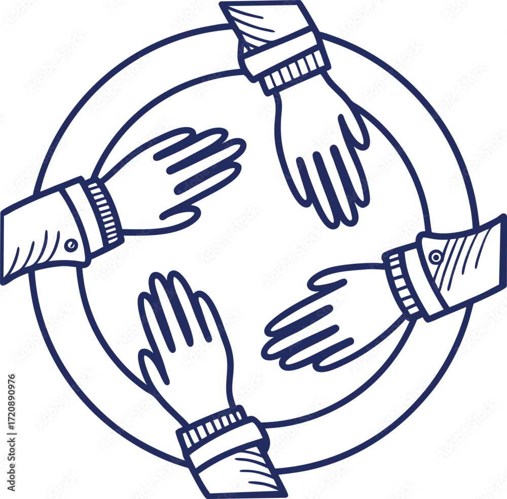 Fototapeta premium Teamwork circle of hands outline icon vector.