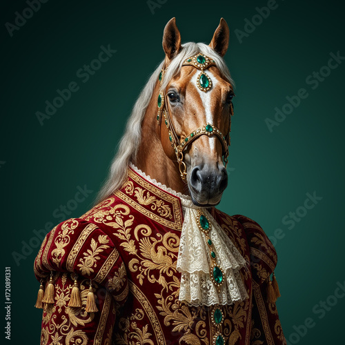 Majestic Horse in Regal Attire with Intricate Embroidery and Jewels on a Dark Background. Symbol of Chinese New Year 2026