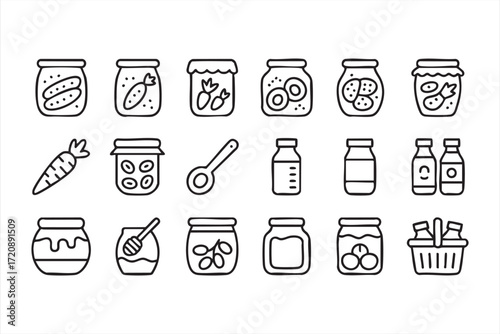 Pickle jar and dairy product outline icons for grocery and farm branding