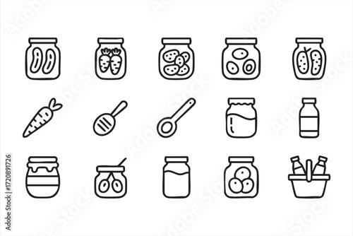 Vector illustration of canned vegetables, honey, and jam line graphics set