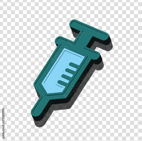 3D icon of a turquoise syringe with transparent liquid, representing vaccination, injection, and medical treatment.