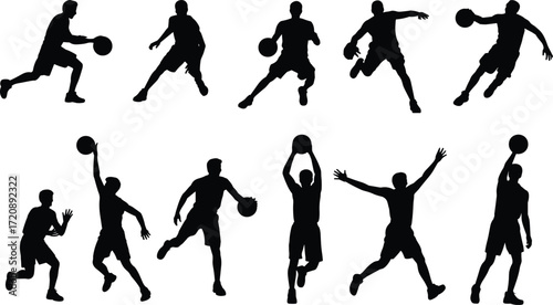 Basketball player silhouettes in motion, running, dribbling, jumping, dunking, and shooting, isolated vector set for sports design projects.