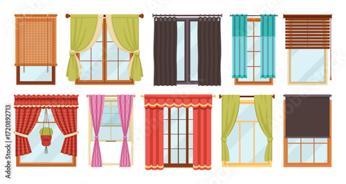 Windows with curtains. Different shapes interior drapery, home textile decor, apartment blackout elements, fabric design, hanging elegant blinds or jalousie tidy vector cartoon isolated set