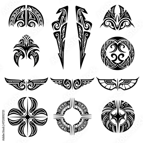 Tribal tattoo designs in striking black and white for body art, logos, and branding, originally vector graphics, perfect for creative projects