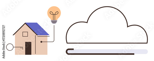 House with light bulb symbolizing innovation linked to a cloud server icon. Ideal for technology, automation, energy saving, connectivity, data management, smart living, digital transformation