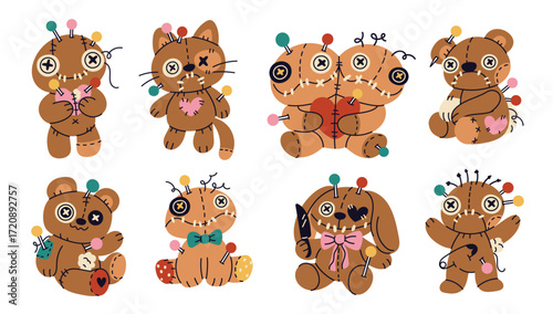 Voodoo dolls. Patchwork scary toys, stitch punk style, halloween raggedy bears, fabric handmade bunny, weird cats and spooky siamese twins, cartoon flat style isolated garish vector set