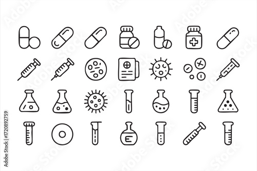 Vector set of pills, syringes, and lab flasks for science and hospital design