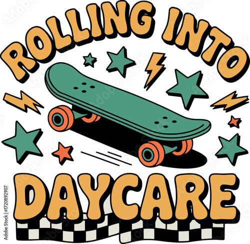 Retro style graphic with green skateboard orange stars and lightning bolts illustration daycare