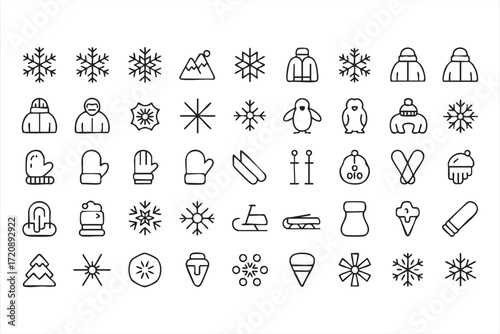 Cold weather clothing and snowflake line icons for seasonal graphics