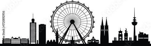 Black and white city skyline silhouette featuring Ferris wheel, modern buildings, famous landmarks, urban architecture, travel, tourism, iconic cityscape view
