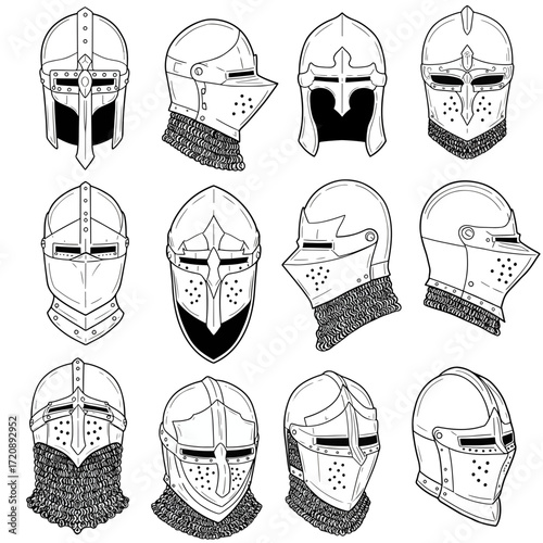 Collection of historically accurate knight helmets, ready for medieval combat or historical reenactment, created from scalable vector graphics