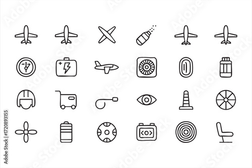 Black and white airplane equipment and airport icons for travel concept artwork