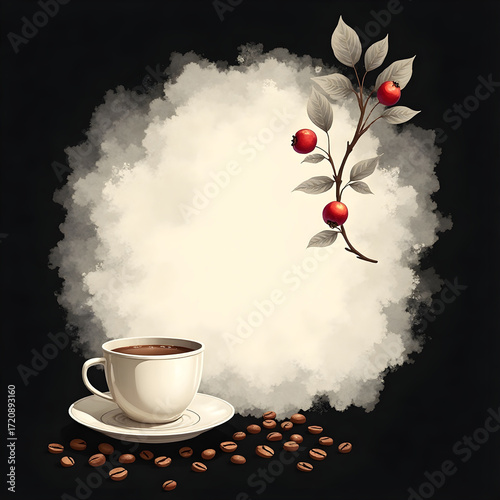 Cozy morning coffee with berries and beans on a dark background