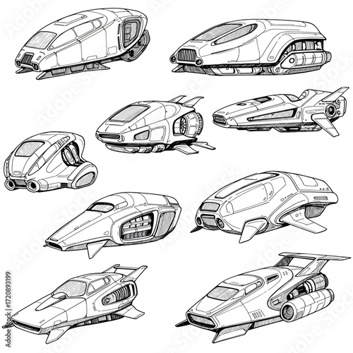 Futuristic Spaceships Set for Sci-Fi Worlds: Detailed Spacecraft Designs Ready for Your Game or Story, Original Vector Art for Creative Projects